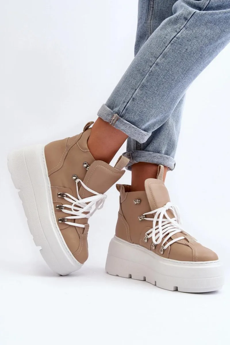 Sale Zazoo 3416 Skórzane Damskie Buty Sportowe Beżowe Beżowy