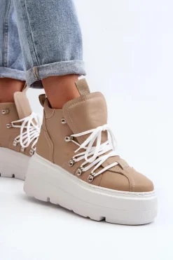 Sale Zazoo 3416 Skórzane Damskie Buty Sportowe Beżowe Beżowy