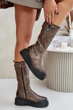 Discount 70121 Skórzane Damskie Kozaki Z Wełną Brązowe Damskie Kozaki Na Koturnie|Kozaki Przed Kolano