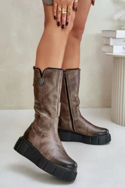 Discount 70121 Skórzane Damskie Kozaki Z Wełną Brązowe Damskie Kozaki Na Koturnie|Kozaki Przed Kolano
