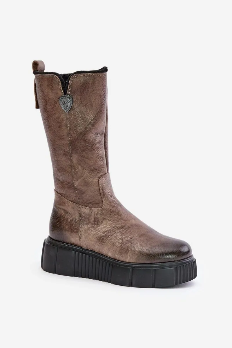 Discount 70121 Skórzane Damskie Kozaki Z Wełną Brązowe Damskie Kozaki Na Koturnie|Kozaki Przed Kolano