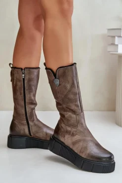 Discount 70121 Skórzane Damskie Kozaki Z Wełną Brązowe Damskie Kozaki Na Koturnie|Kozaki Przed Kolano