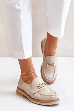 Online Zazoo 20174 Skórzane Eleganckie Półbuty Damskie Na Płaskim Obcasie Beżowe Beżowy