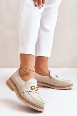 Online Zazoo 20174 Skórzane Eleganckie Półbuty Damskie Na Płaskim Obcasie Beżowe Beżowy