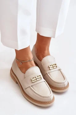 Online Zazoo 20174 Skórzane Eleganckie Półbuty Damskie Na Płaskim Obcasie Beżowe Beżowy