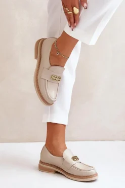 Online Zazoo 20174 Skórzane Eleganckie Półbuty Damskie Na Płaskim Obcasie Beżowe Beżowy