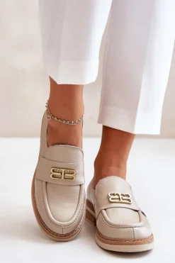 Online Zazoo 20174 Skórzane Eleganckie Półbuty Damskie Na Płaskim Obcasie Beżowe Beżowy