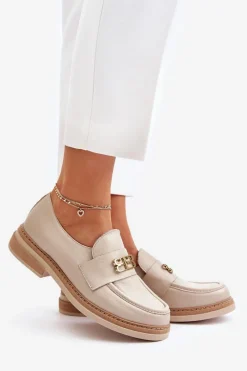 Online Zazoo 20174 Skórzane Eleganckie Półbuty Damskie Na Płaskim Obcasie Beżowe Beżowy