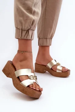 Klapki Na Obcasie|Klapki Damskie Klasyczne>Zazoo 40412 Skórzane Eleganckie Klapki Damskie Z Ozdobą Złote Złoty