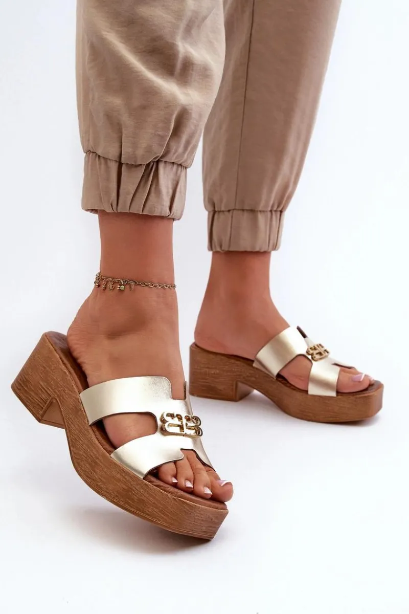 Klapki Na Obcasie|Klapki Damskie Klasyczne>Zazoo 40412 Skórzane Eleganckie Klapki Damskie Z Ozdobą Złote Złoty