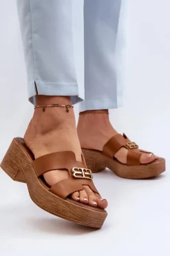 Outlet 40412 Skórzane Eleganckie Klapki Damskie Ze Złotą Ozdobą Brązowe Damskie Klapki Na Obcasie|Klapki Damskie Klasyczne