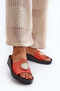 Klapki Na Koturnie|Klapki Na Platformie>Zazoo 2920 Skórzane Klapki Damskie Na Koturnie Ze Złotym Detalem Pomarańczowe