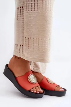 Klapki Na Koturnie|Klapki Na Platformie>Zazoo 2920 Skórzane Klapki Damskie Na Koturnie Ze Złotym Detalem Pomarańczowe