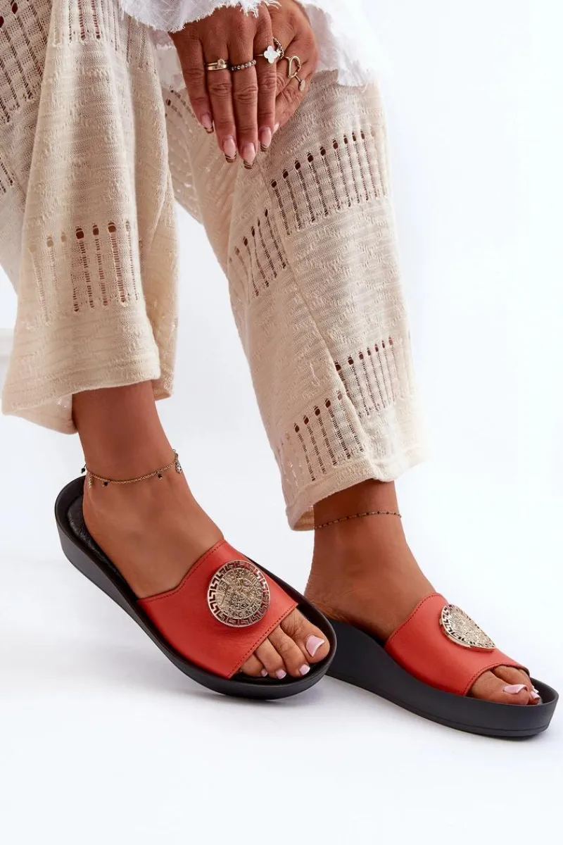 Klapki Na Koturnie|Klapki Na Platformie>Zazoo 2920 Skórzane Klapki Damskie Na Koturnie Ze Złotym Detalem Pomarańczowe