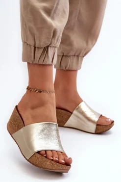 Discount Zazoo 40289 Skórzane Klapki Damskie Na Korkowym Koturnie Złote