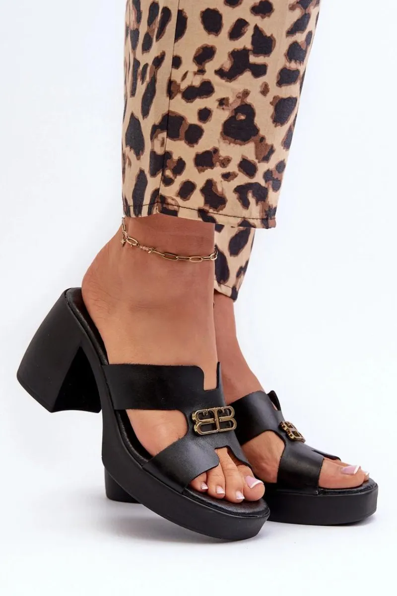 Best 40419 Skórzane Klapki Damskie Z Wycięciami I Ozdobą Czarne Damskie Klapki Na Obcasie|Klapki Damskie Klasyczne