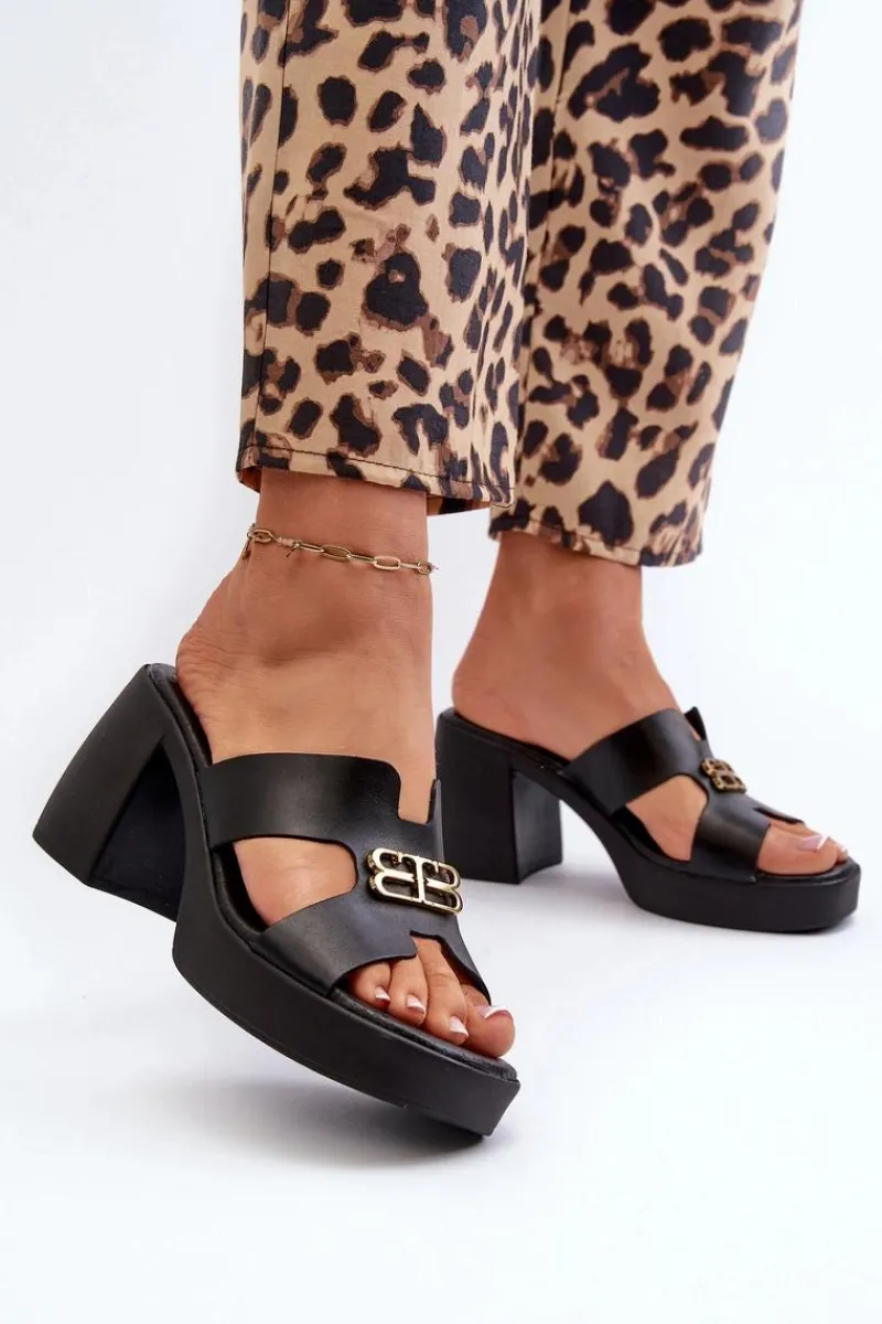 Best 40419 Skórzane Klapki Damskie Z Wycięciami I Ozdobą Czarne Damskie Klapki Na Obcasie|Klapki Damskie Klasyczne