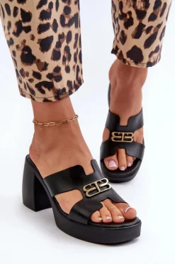 Best 40419 Skórzane Klapki Damskie Z Wycięciami I Ozdobą Czarne Damskie Klapki Na Obcasie|Klapki Damskie Klasyczne