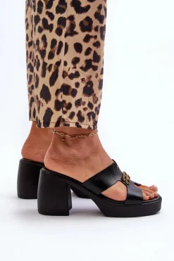 Best 40419 Skórzane Klapki Damskie Z Wycięciami I Ozdobą Czarne Damskie Klapki Na Obcasie|Klapki Damskie Klasyczne