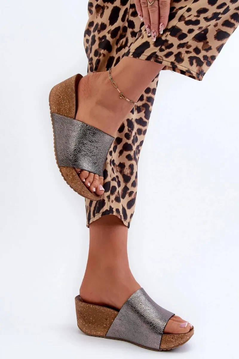 Sale 40291 Skórzane Klapki Damskie Na Korkowym Koturnie Grafitowe Damskie Klapki Na Koturnie|Klapki Korkowe