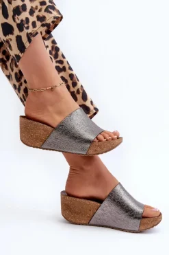 Sale 40291 Skórzane Klapki Damskie Na Korkowym Koturnie Grafitowe Damskie Klapki Na Koturnie|Klapki Korkowe