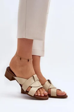 Best 40236 Skórzane Klapki Damskie Na Niskim Obcasie Beżowe Damskie Klapki Na Obcasie|Klapki Damskie Klasyczne