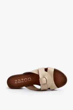 Best 40236 Skórzane Klapki Damskie Na Niskim Obcasie Beżowe Damskie Klapki Na Obcasie|Klapki Damskie Klasyczne