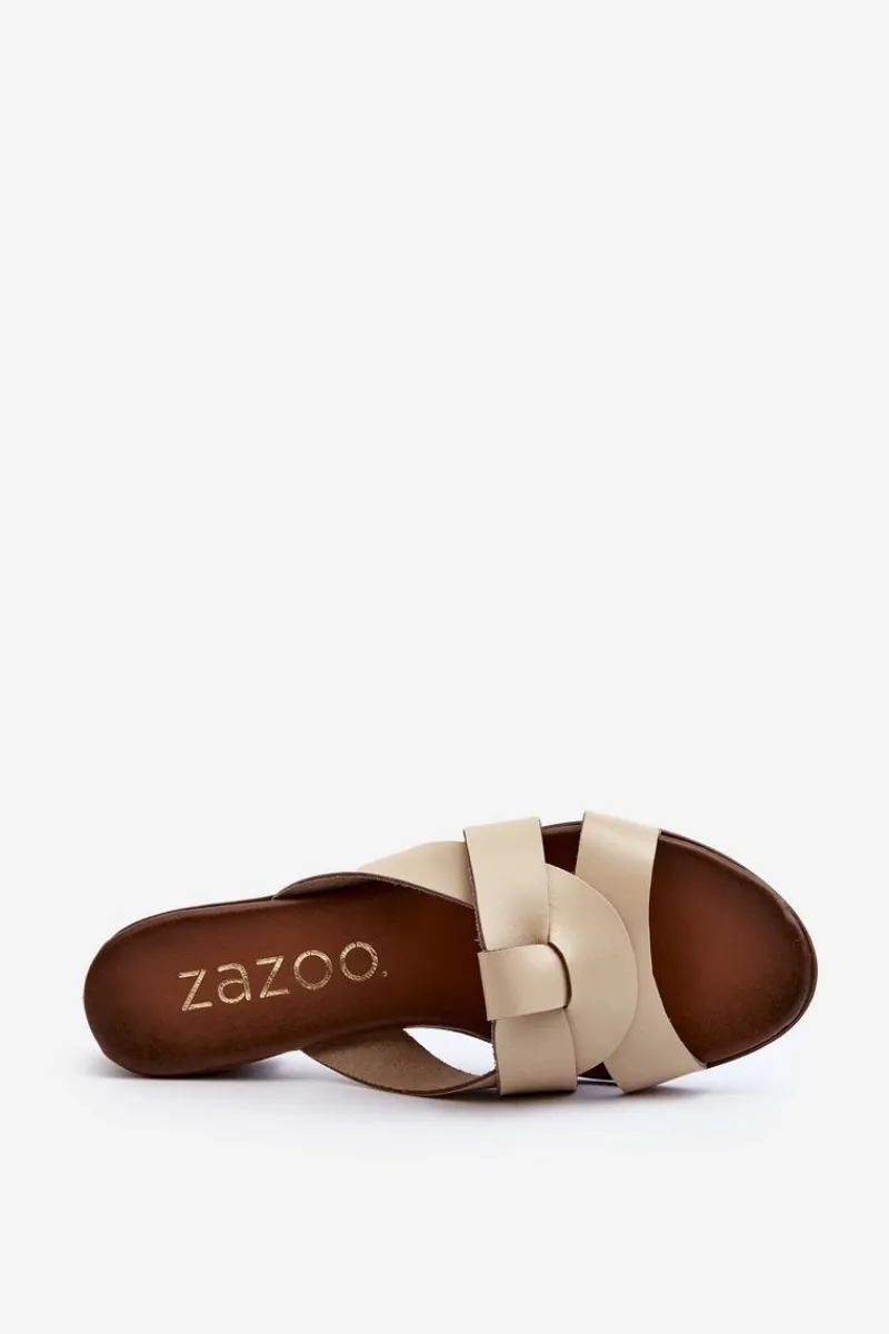 Best 40236 Skórzane Klapki Damskie Na Niskim Obcasie Beżowe Damskie Klapki Na Obcasie|Klapki Damskie Klasyczne