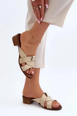 Best 40236 Skórzane Klapki Damskie Na Niskim Obcasie Beżowe Damskie Klapki Na Obcasie|Klapki Damskie Klasyczne