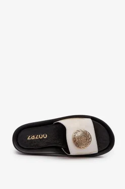 Clearance Zazoo 2920 Skórzane Klapki Damskie Na Koturnie Ze Złotym Detalem Złoty Przecierany