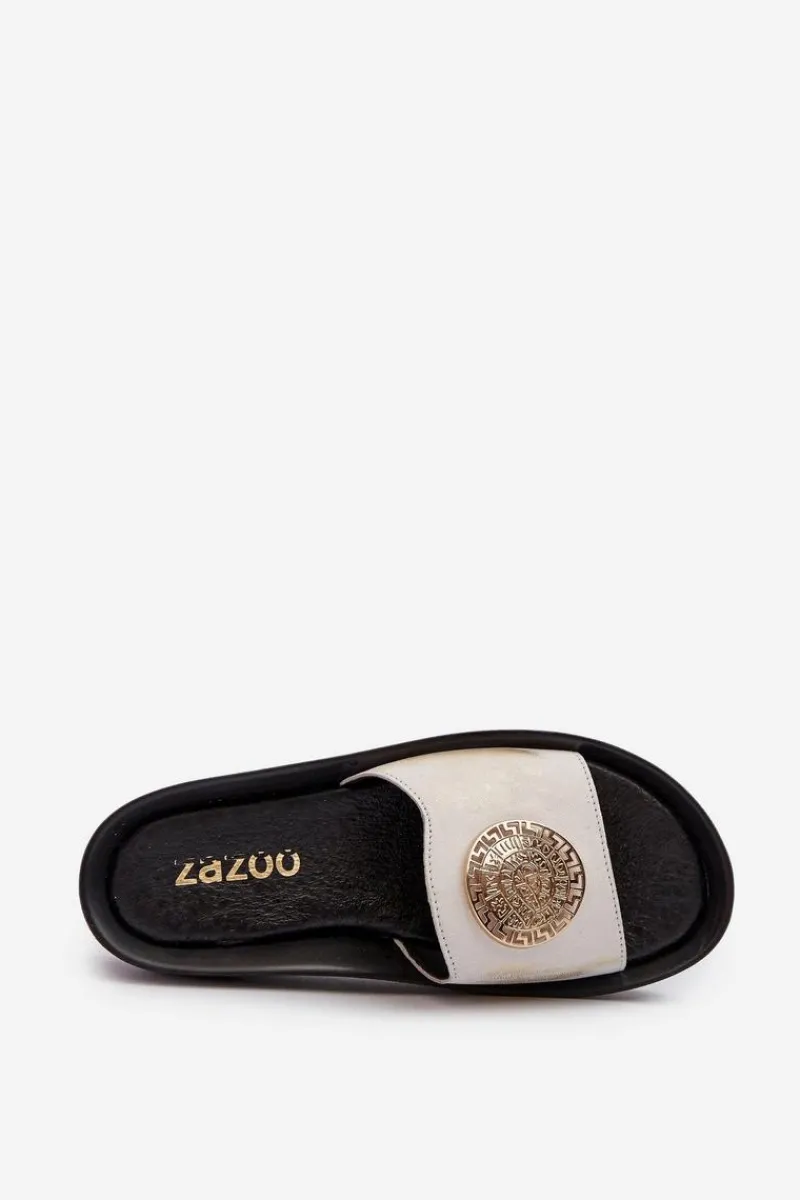 Clearance Zazoo 2920 Skórzane Klapki Damskie Na Koturnie Ze Złotym Detalem Złoty Przecierany