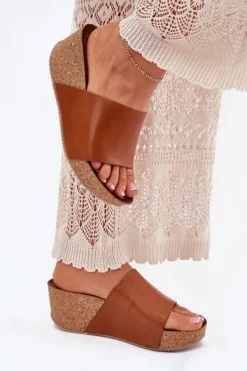 Sale 40291 Skórzane Klapki Damskie Na Korkowym Koturnie Brązowe Damskie Klapki Na Koturnie|Klapki Korkowe