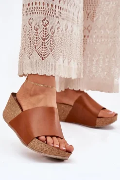 Sale 40291 Skórzane Klapki Damskie Na Korkowym Koturnie Brązowe Damskie Klapki Na Koturnie|Klapki Korkowe