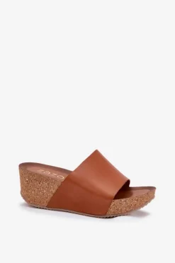 Sale 40291 Skórzane Klapki Damskie Na Korkowym Koturnie Brązowe Damskie Klapki Na Koturnie|Klapki Korkowe