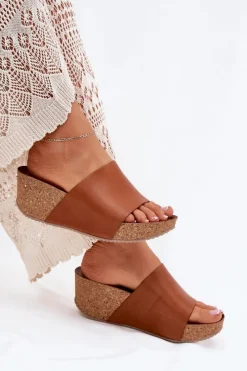 Sale 40291 Skórzane Klapki Damskie Na Korkowym Koturnie Brązowe Damskie Klapki Na Koturnie|Klapki Korkowe