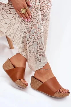 Sale 40291 Skórzane Klapki Damskie Na Korkowym Koturnie Brązowe Damskie Klapki Na Koturnie|Klapki Korkowe