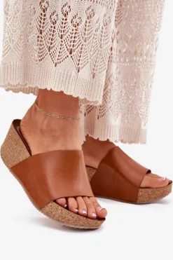 Sale 40291 Skórzane Klapki Damskie Na Korkowym Koturnie Brązowe Damskie Klapki Na Koturnie|Klapki Korkowe