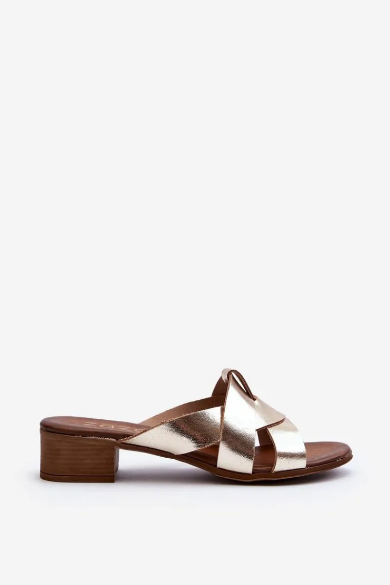 Online Zazoo 40236 Skórzane Klapki Damskie Na Niskim Obcasie Złote Złoty