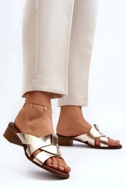 Online Zazoo 40236 Skórzane Klapki Damskie Na Niskim Obcasie Złote Złoty