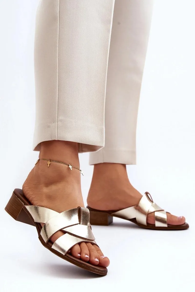 Online Zazoo 40236 Skórzane Klapki Damskie Na Niskim Obcasie Złote Złoty