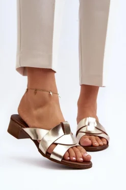 Online Zazoo 40236 Skórzane Klapki Damskie Na Niskim Obcasie Złote Złoty