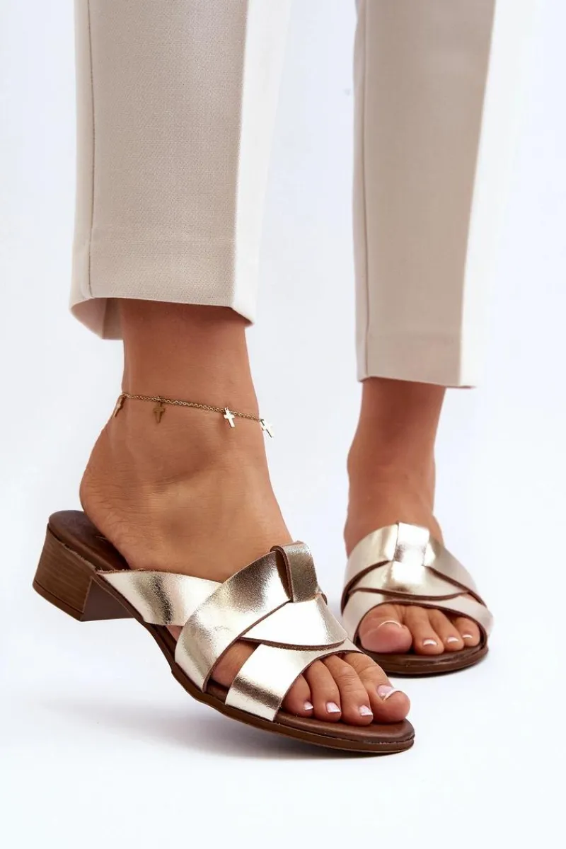 Online Zazoo 40236 Skórzane Klapki Damskie Na Niskim Obcasie Złote Złoty