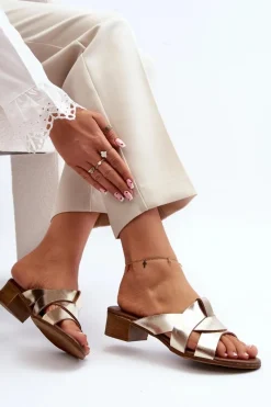 Online Zazoo 40236 Skórzane Klapki Damskie Na Niskim Obcasie Złote Złoty