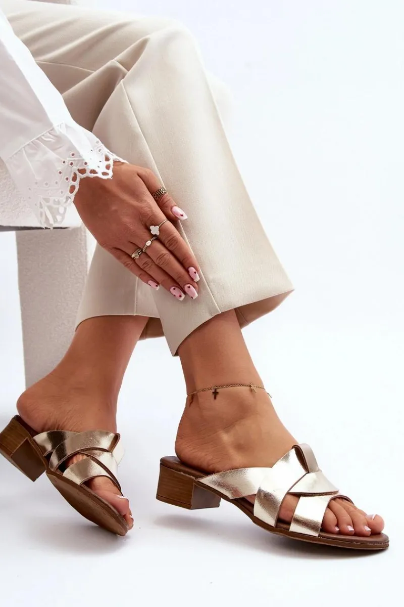 Online Zazoo 40236 Skórzane Klapki Damskie Na Niskim Obcasie Złote Złoty