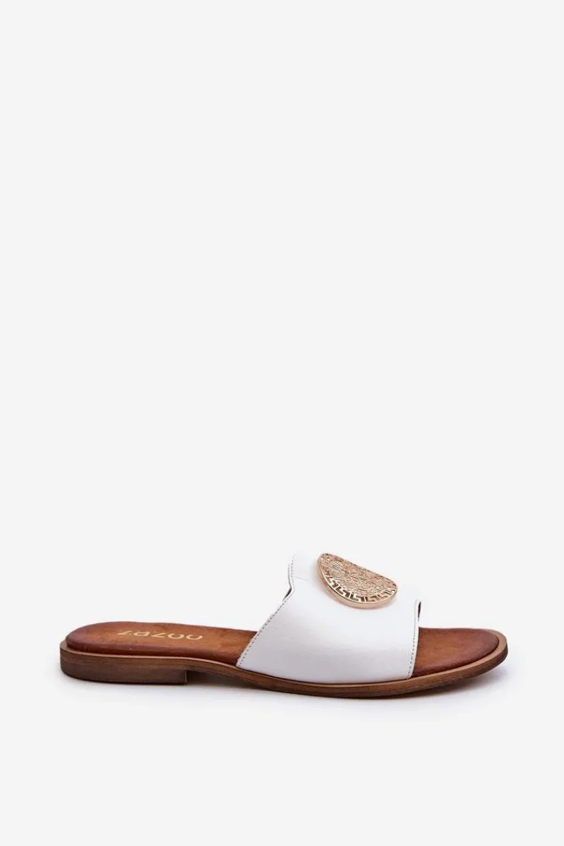 Online Zazoo 2938 Skórzane Klapki Na Płaskim Obcasie Z Ozdobą Białe Biały