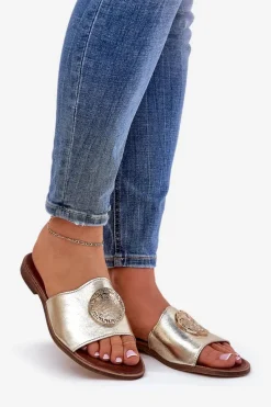 Sale 2938 Skórzane Klapki Na Płaskim Obcasie Z Ozdobą Złote Damskie Klapki Damskie Klasyczne