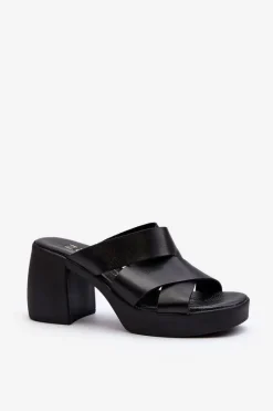 Zazoo 40373 Skórzane Klapki Na Klocku Czarne Czarny