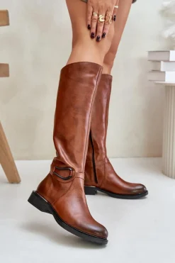 Kozaki Płaskie|Brązowe Kozaki Damskie>Zazoo 70140 Skórzane Kozaki Damskie Przed Kolano Ocieplane Brązowe