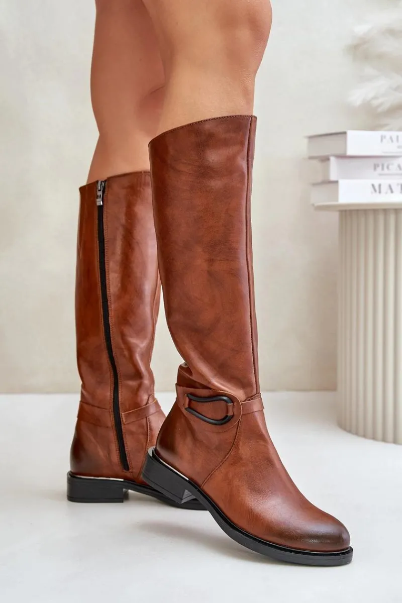 Kozaki Płaskie|Brązowe Kozaki Damskie>Zazoo 70140 Skórzane Kozaki Damskie Przed Kolano Ocieplane Brązowe