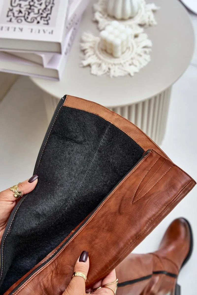 Kozaki Płaskie|Brązowe Kozaki Damskie>Zazoo 70140 Skórzane Kozaki Damskie Przed Kolano Ocieplane Brązowe